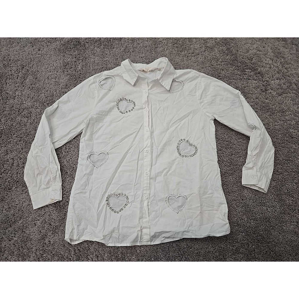 Lizette Collection Shirt Womens S White Long Sleeve Rhinestone Heart Cutout